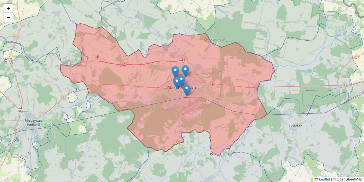 Szczegółowa mapa kodu pocztowego 21-500 z granicami, sąsiednimi kodami pocztowymi i urzędami pocztowymi