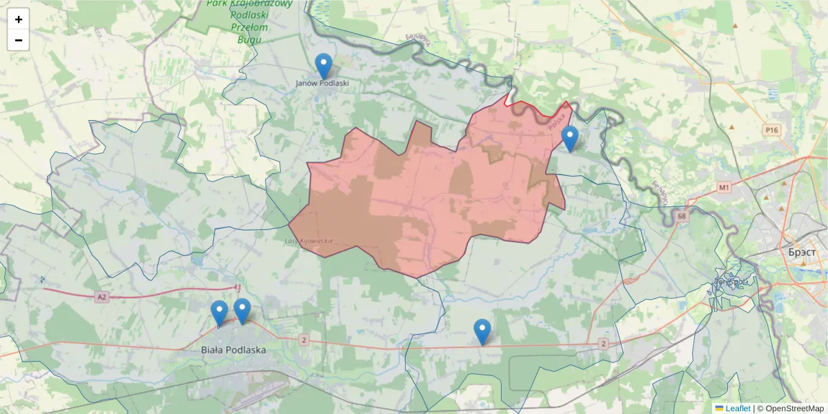Szczegółowa mapa kodu pocztowego 21-504 z granicami, sąsiednimi kodami pocztowymi i urzędami pocztowymi
