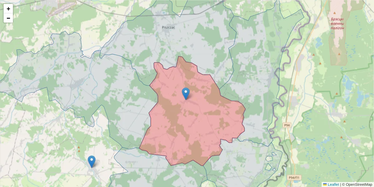 Szczegółowa mapa kodu pocztowego 21-523 z granicami, sąsiednimi kodami pocztowymi i urzędami pocztowymi
