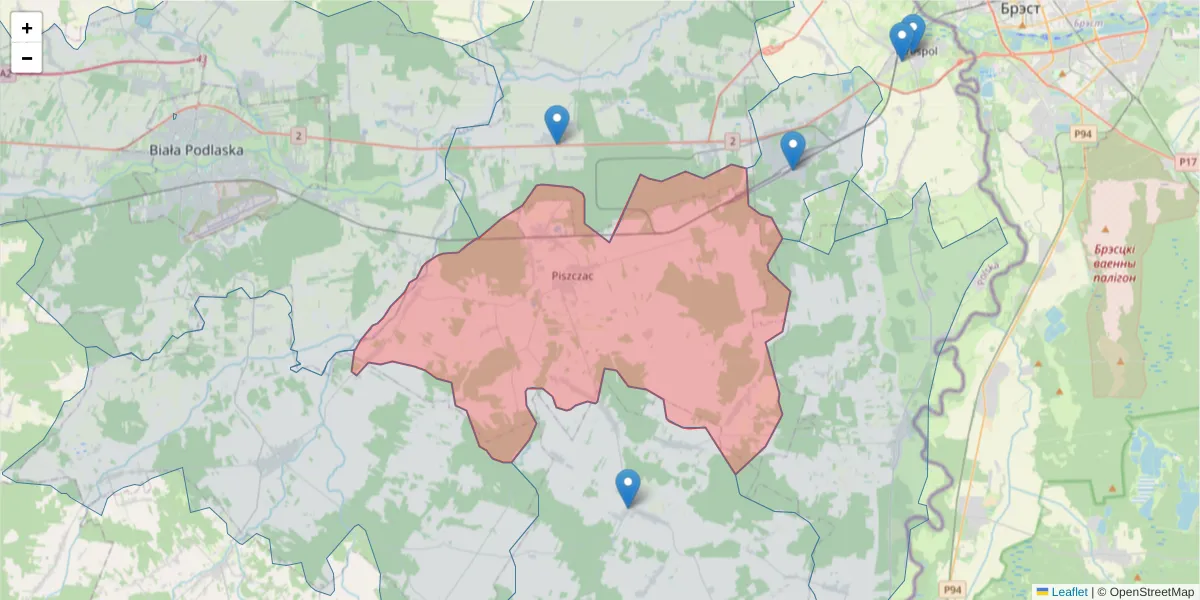 Szczegółowa mapa kodu pocztowego 21-530 z granicami, sąsiednimi kodami pocztowymi i urzędami pocztowymi