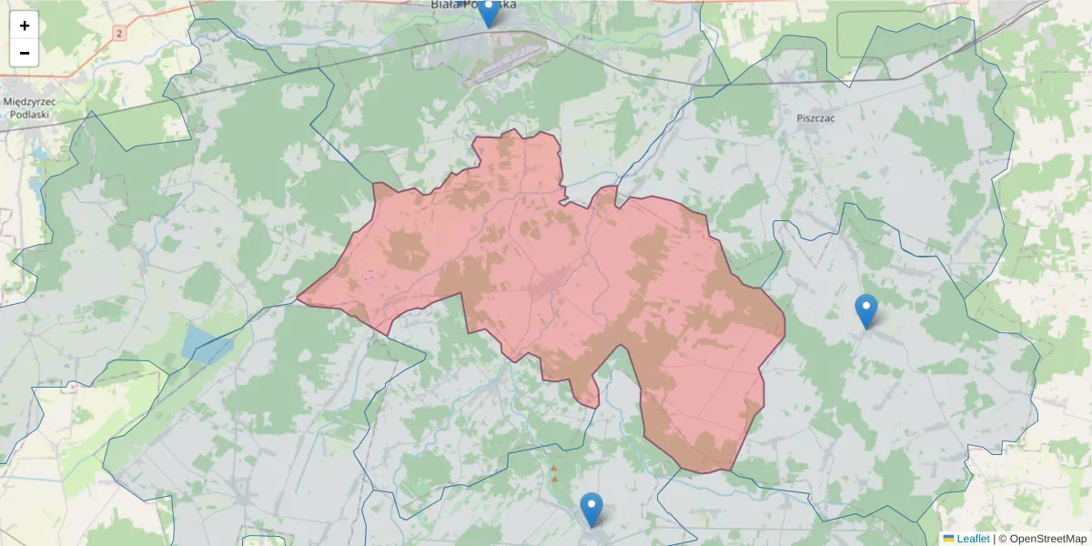 Szczegółowa mapa kodu pocztowego 21-532 z granicami, sąsiednimi kodami pocztowymi i urzędami pocztowymi