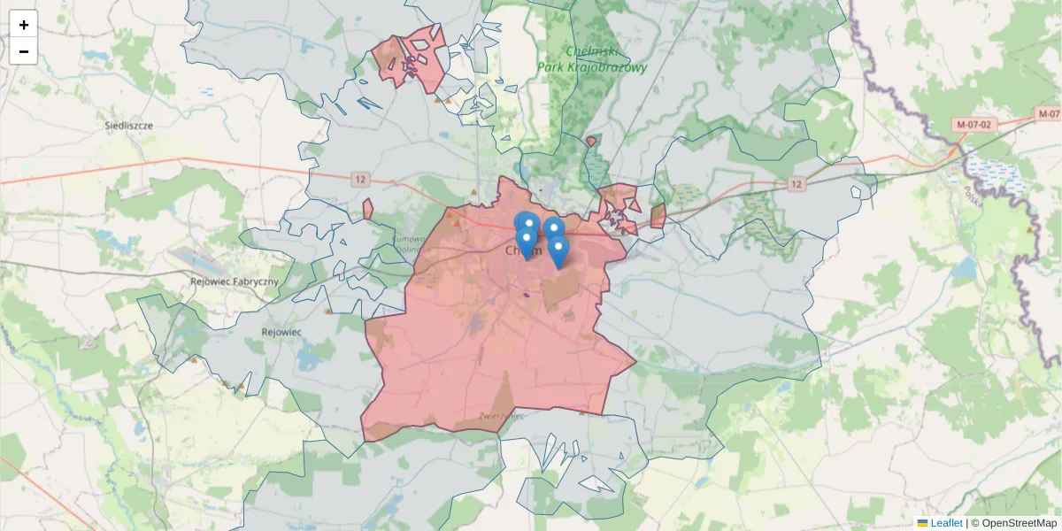 Szczegółowa mapa kodu pocztowego 22-100 z granicami, sąsiednimi kodami pocztowymi i urzędami pocztowymi