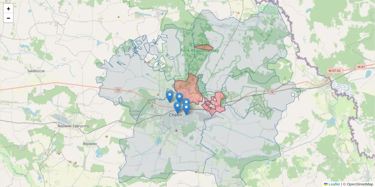 Szczegółowa mapa kodu pocztowego 22-105 z granicami, sąsiednimi kodami pocztowymi i urzędami pocztowymi