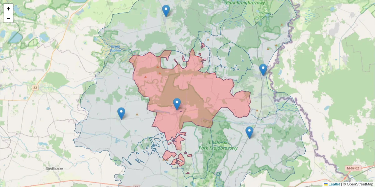 Szczegółowa mapa kodu pocztowego 22-107 z granicami, sąsiednimi kodami pocztowymi i urzędami pocztowymi