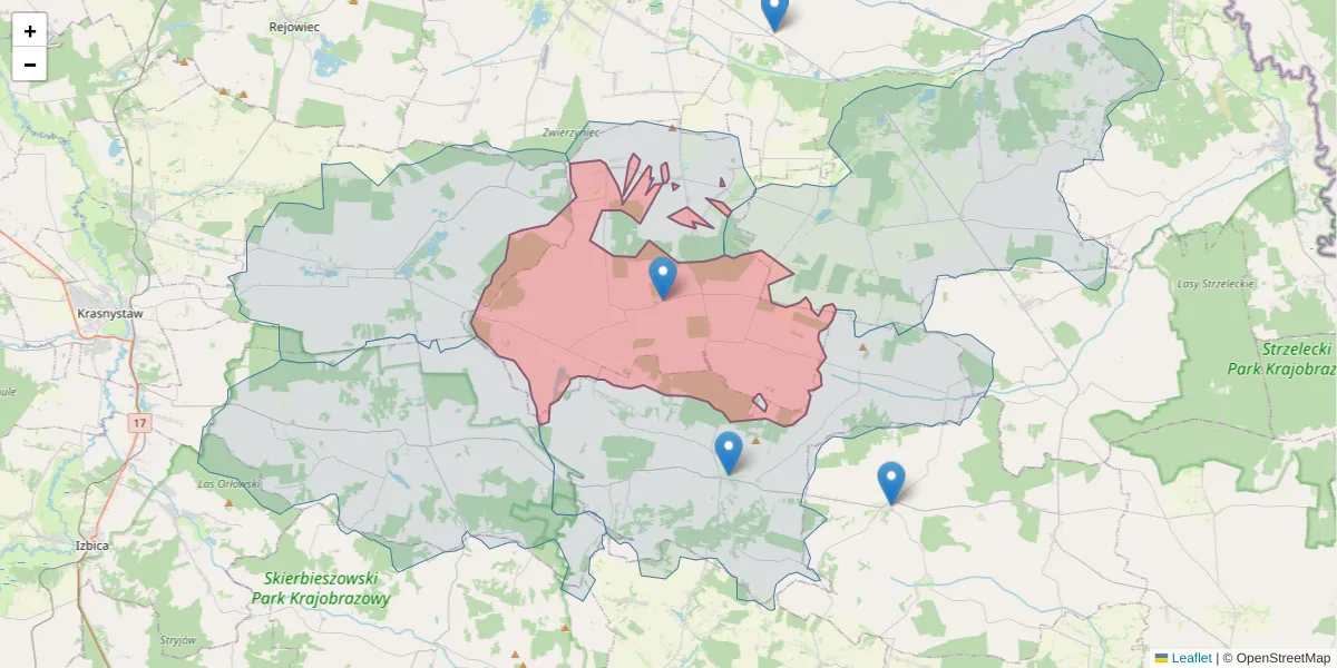 Szczegółowa mapa kodu pocztowego 22-122 z granicami, sąsiednimi kodami pocztowymi i urzędami pocztowymi