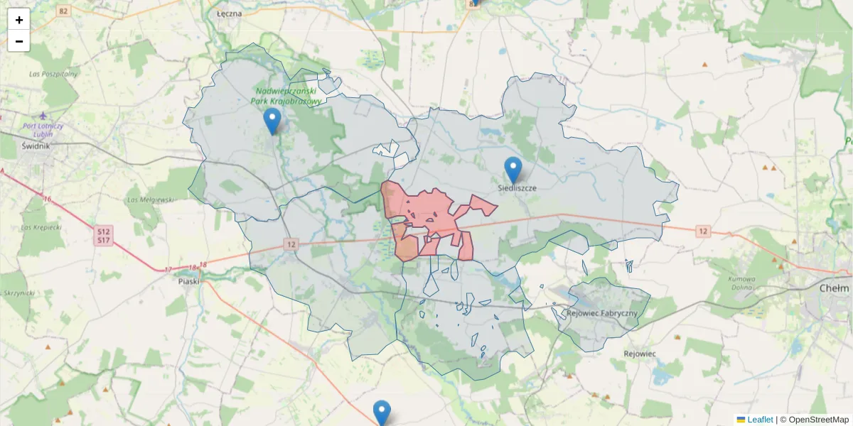 Szczegółowa mapa kodu pocztowego 22-133 z granicami, sąsiednimi kodami pocztowymi i urzędami pocztowymi