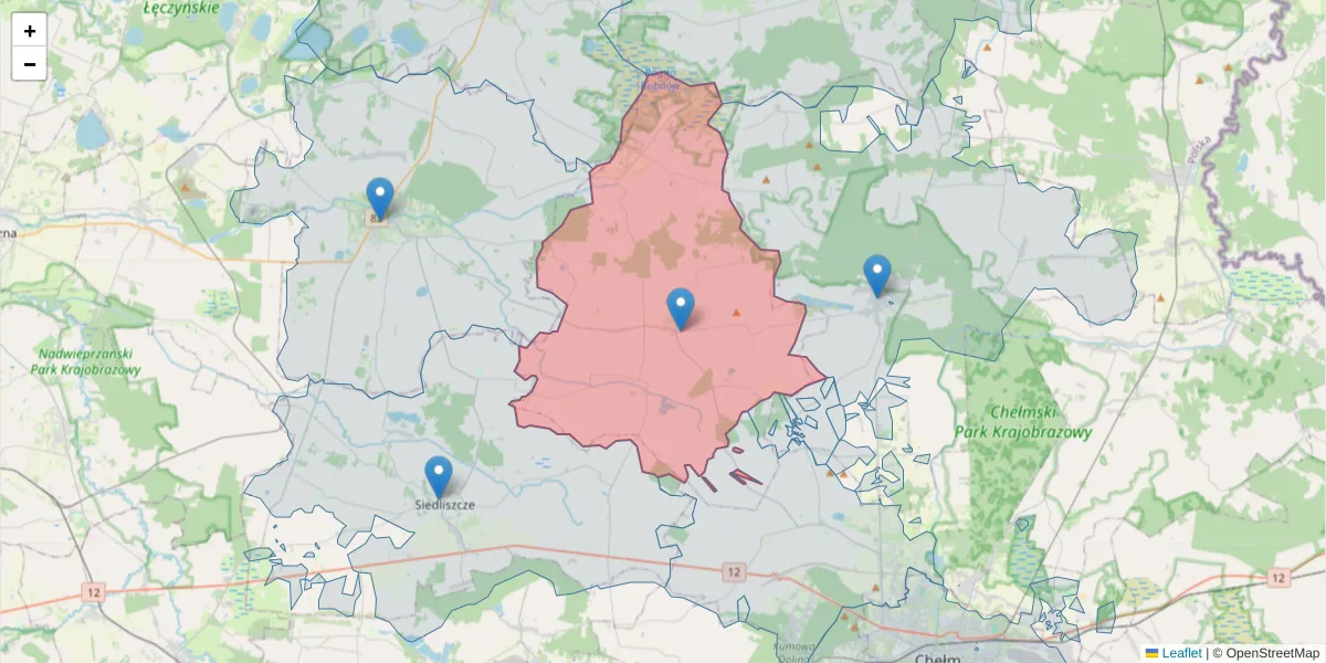 Szczegółowa mapa kodu pocztowego 22-150 z granicami, sąsiednimi kodami pocztowymi i urzędami pocztowymi