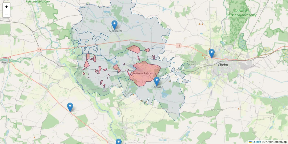 Szczegółowa mapa kodu pocztowego 22-170 z granicami, sąsiednimi kodami pocztowymi i urzędami pocztowymi