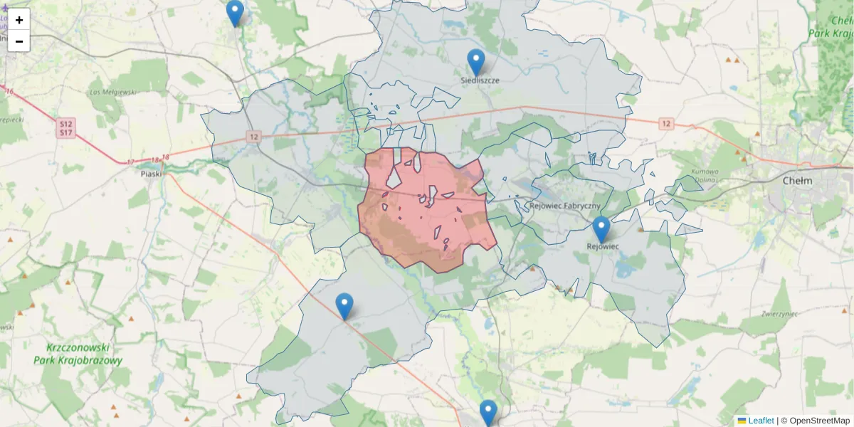 Szczegółowa mapa kodu pocztowego 22-171 z granicami, sąsiednimi kodami pocztowymi i urzędami pocztowymi