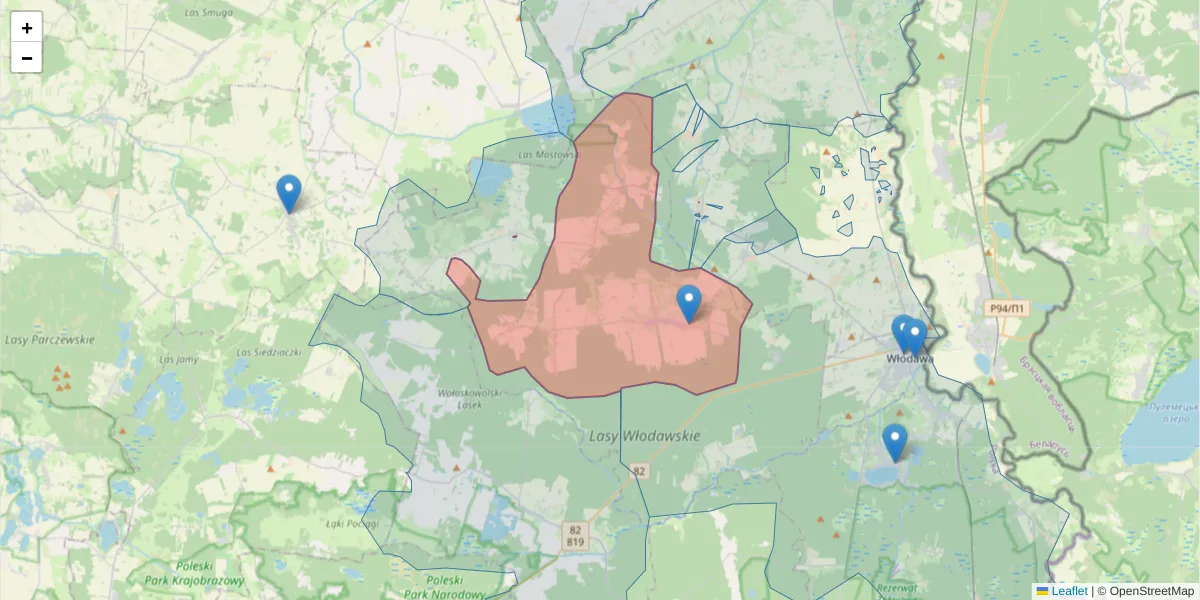 Szczegółowa mapa kodu pocztowego 22-205 z granicami, sąsiednimi kodami pocztowymi i urzędami pocztowymi