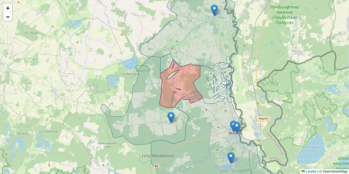 Szczegółowa mapa kodu pocztowego 22-207 z granicami, sąsiednimi kodami pocztowymi i urzędami pocztowymi