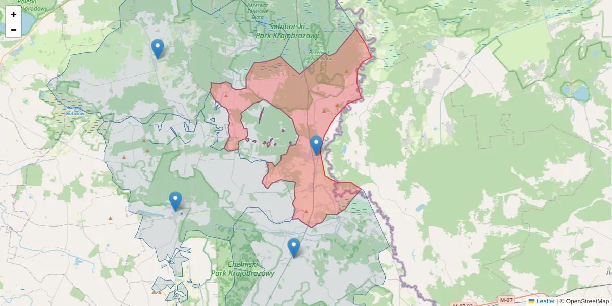 Szczegółowa mapa kodu pocztowego 22-230 z granicami, sąsiednimi kodami pocztowymi i urzędami pocztowymi