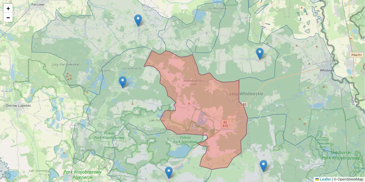 Szczegółowa mapa kodu pocztowego 22-244 z granicami, sąsiednimi kodami pocztowymi i urzędami pocztowymi