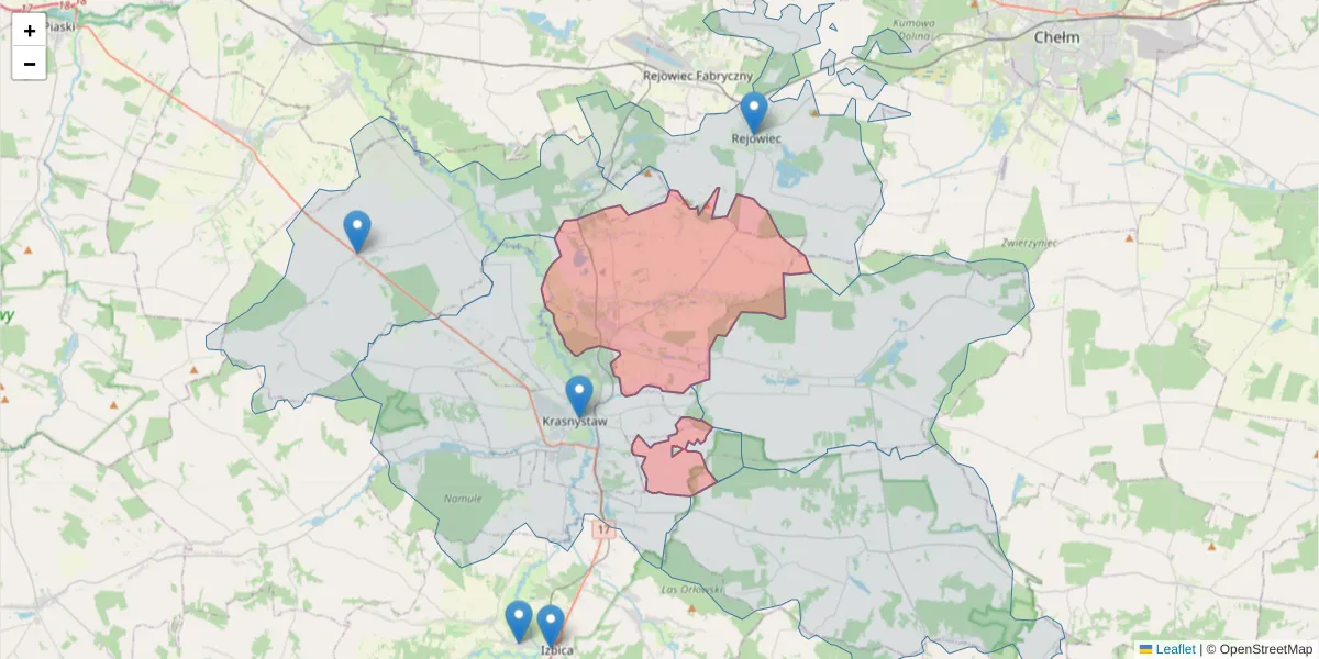 Szczegółowa mapa kodu pocztowego 22-302 z granicami, sąsiednimi kodami pocztowymi i urzędami pocztowymi