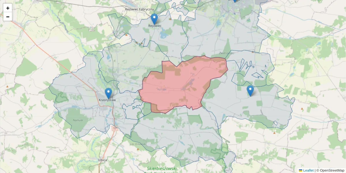 Szczegółowa mapa kodu pocztowego 22-304 z granicami, sąsiednimi kodami pocztowymi i urzędami pocztowymi
