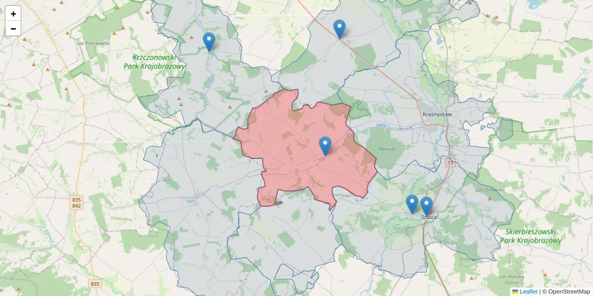 Szczegółowa mapa kodu pocztowego 22-315 z granicami, sąsiednimi kodami pocztowymi i urzędami pocztowymi