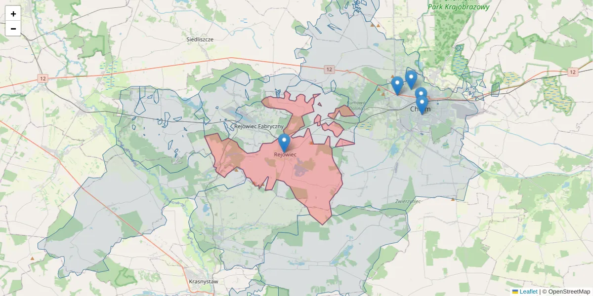Szczegółowa mapa kodu pocztowego 22-360 z granicami, sąsiednimi kodami pocztowymi i urzędami pocztowymi