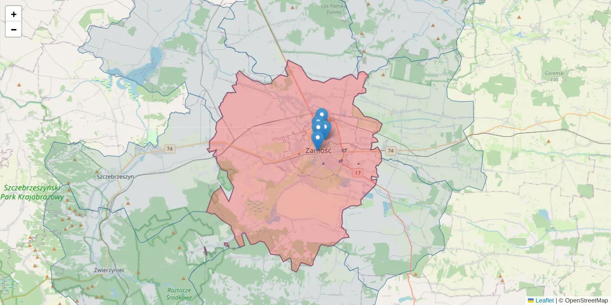 Szczegółowa mapa kodu pocztowego 22-400 z granicami, sąsiednimi kodami pocztowymi i urzędami pocztowymi