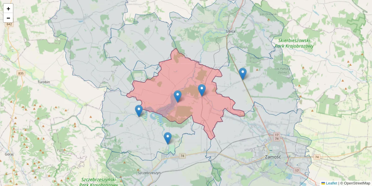 Szczegółowa mapa kodu pocztowego 22-413 z granicami, sąsiednimi kodami pocztowymi i urzędami pocztowymi