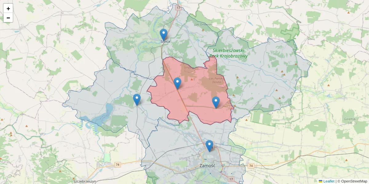 Szczegółowa mapa kodu pocztowego 22-417 z granicami, sąsiednimi kodami pocztowymi i urzędami pocztowymi