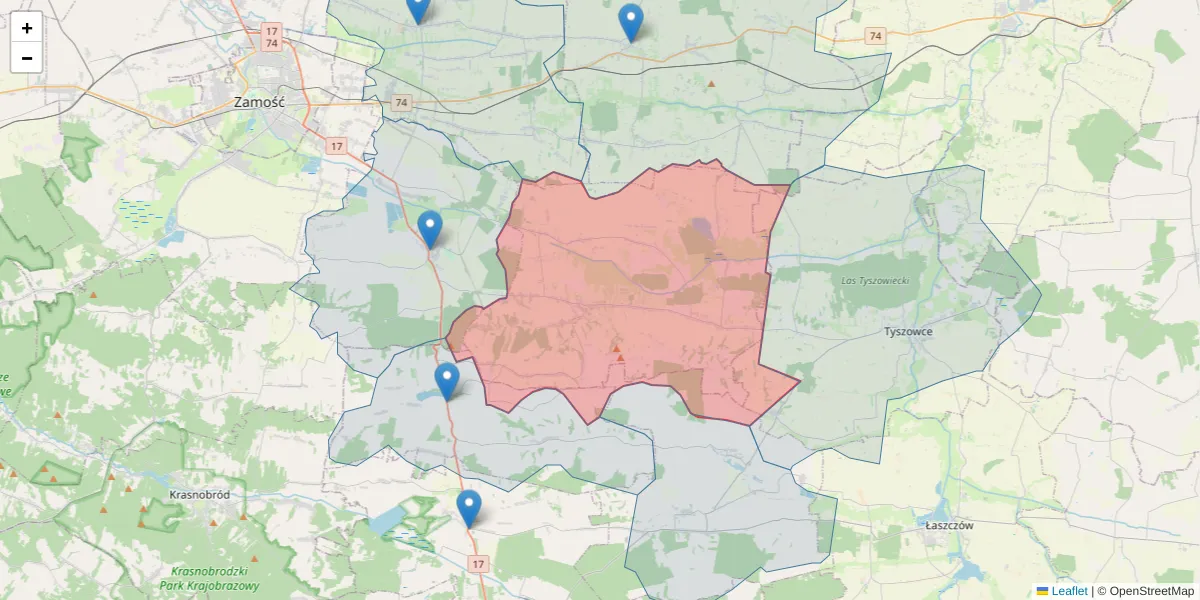 Szczegółowa mapa kodu pocztowego 22-435 z granicami, sąsiednimi kodami pocztowymi i urzędami pocztowymi