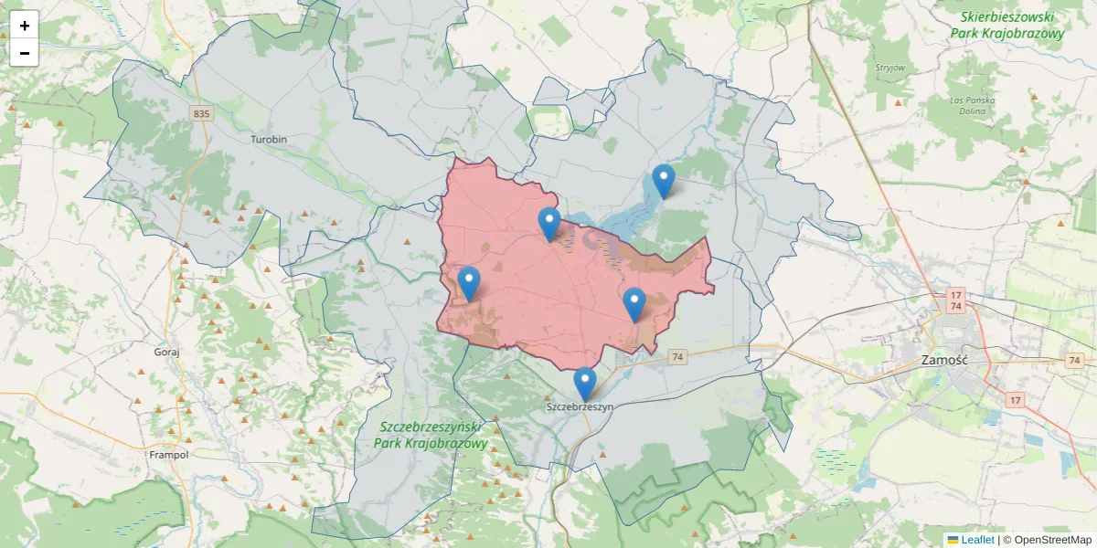 Szczegółowa mapa kodu pocztowego 22-448 z granicami, sąsiednimi kodami pocztowymi i urzędami pocztowymi