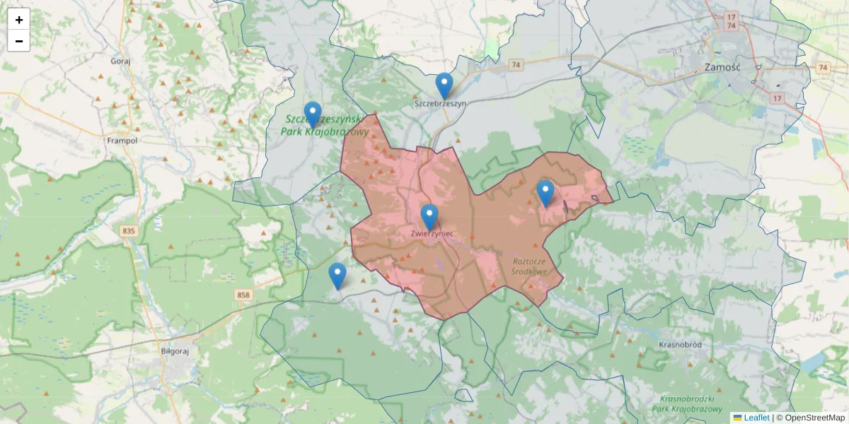 Szczegółowa mapa kodu pocztowego 22-470 z granicami, sąsiednimi kodami pocztowymi i urzędami pocztowymi