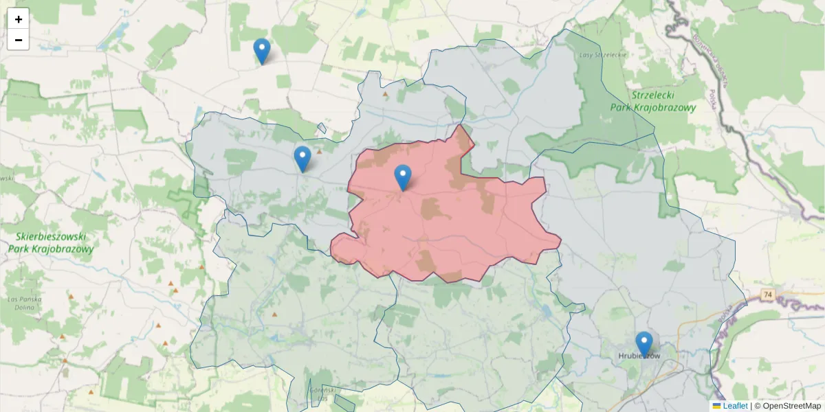 Szczegółowa mapa kodu pocztowego 22-510 z granicami, sąsiednimi kodami pocztowymi i urzędami pocztowymi