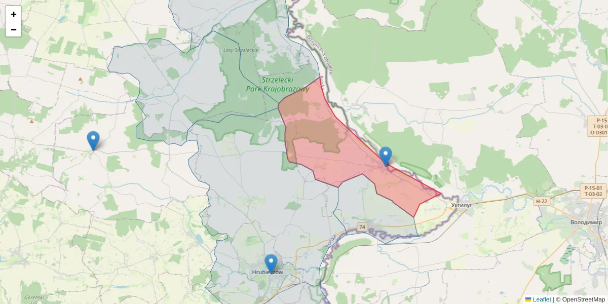 Szczegółowa mapa kodu pocztowego 22-523 z granicami, sąsiednimi kodami pocztowymi i urzędami pocztowymi
