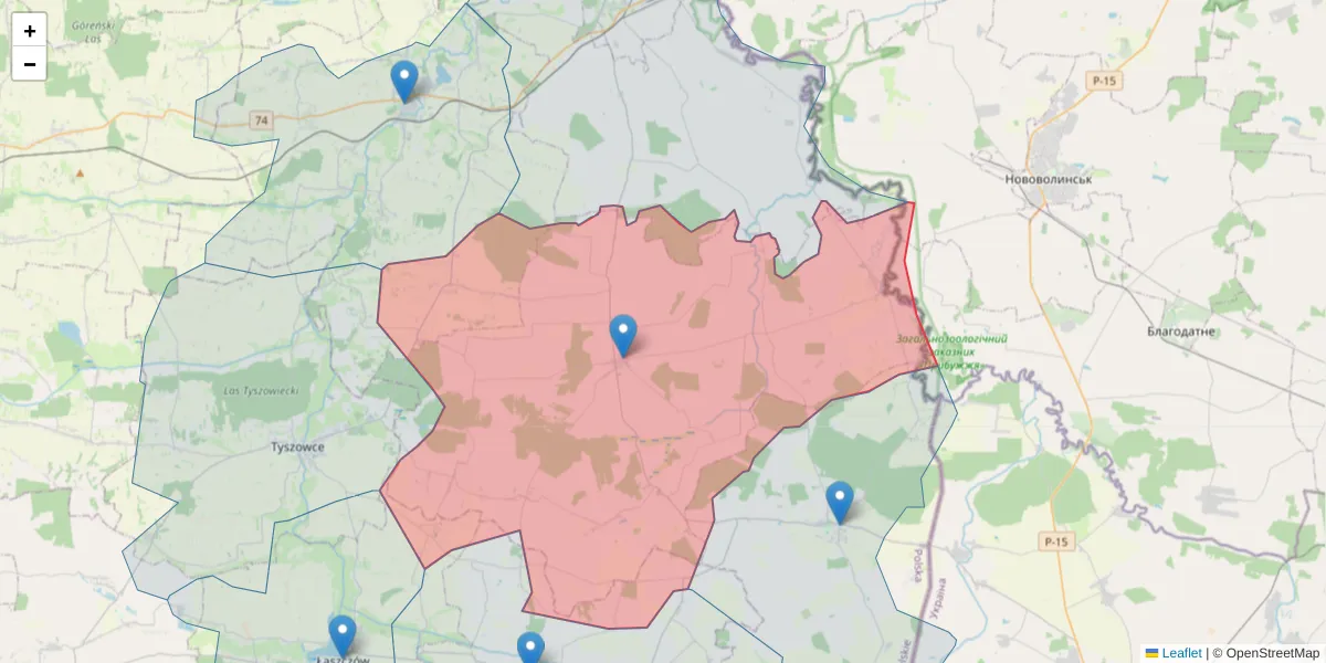 Szczegółowa mapa kodu pocztowego 22-530 z granicami, sąsiednimi kodami pocztowymi i urzędami pocztowymi
