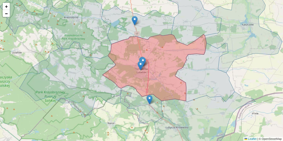Szczegółowa mapa kodu pocztowego 22-600 z granicami, sąsiednimi kodami pocztowymi i urzędami pocztowymi