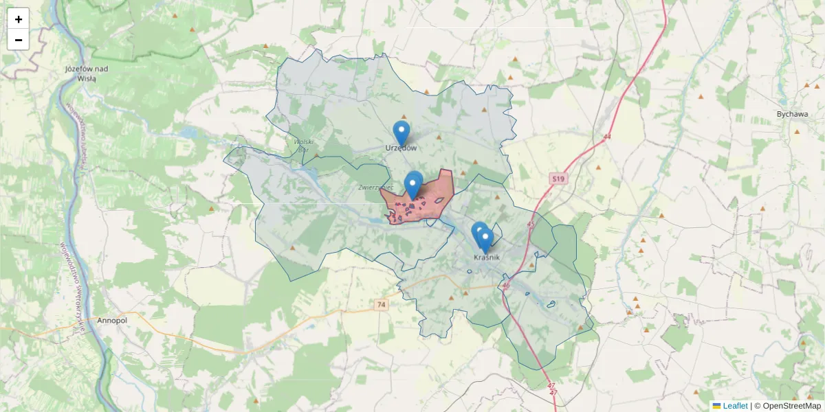 Szczegółowa mapa kodu pocztowego 23-204 z granicami, sąsiednimi kodami pocztowymi i urzędami pocztowymi