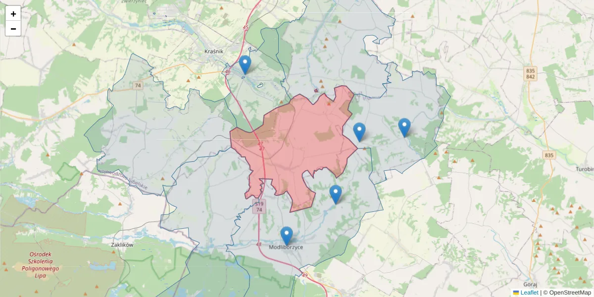 Szczegółowa mapa kodu pocztowego 23-225 z granicami, sąsiednimi kodami pocztowymi i urzędami pocztowymi