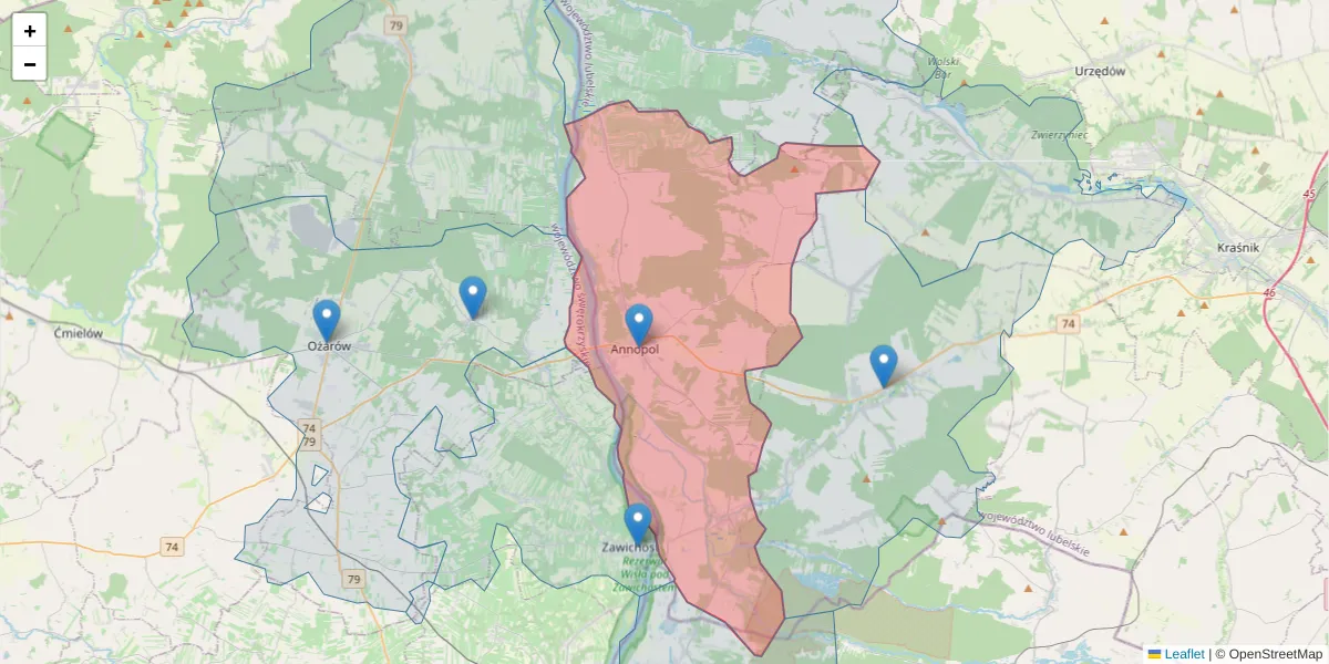 Szczegółowa mapa kodu pocztowego 23-235 z granicami, sąsiednimi kodami pocztowymi i urzędami pocztowymi