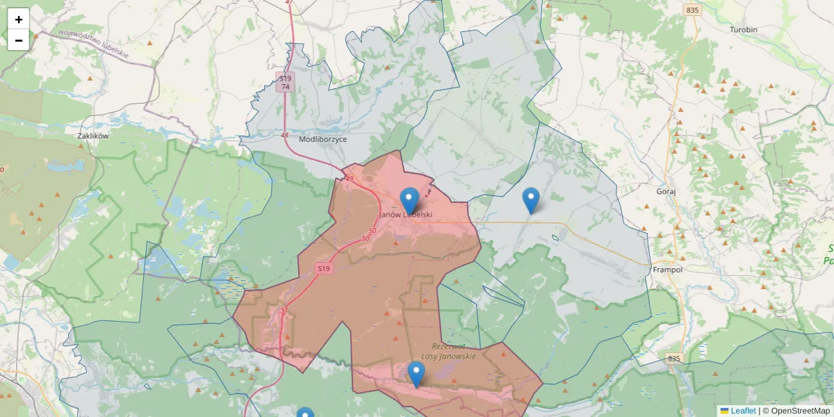 Szczegółowa mapa kodu pocztowego 23-300 z granicami, sąsiednimi kodami pocztowymi i urzędami pocztowymi
