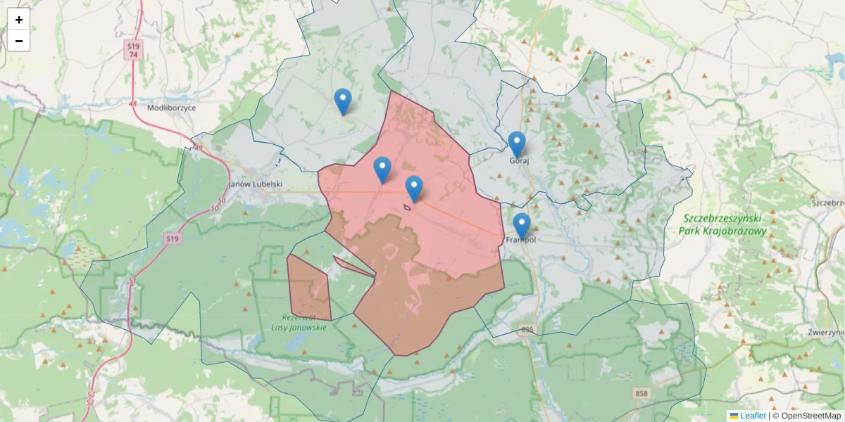 Szczegółowa mapa kodu pocztowego 23-304 z granicami, sąsiednimi kodami pocztowymi i urzędami pocztowymi