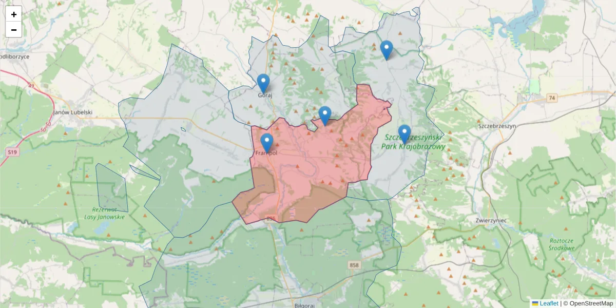 Szczegółowa mapa kodu pocztowego 23-440 z granicami, sąsiednimi kodami pocztowymi i urzędami pocztowymi