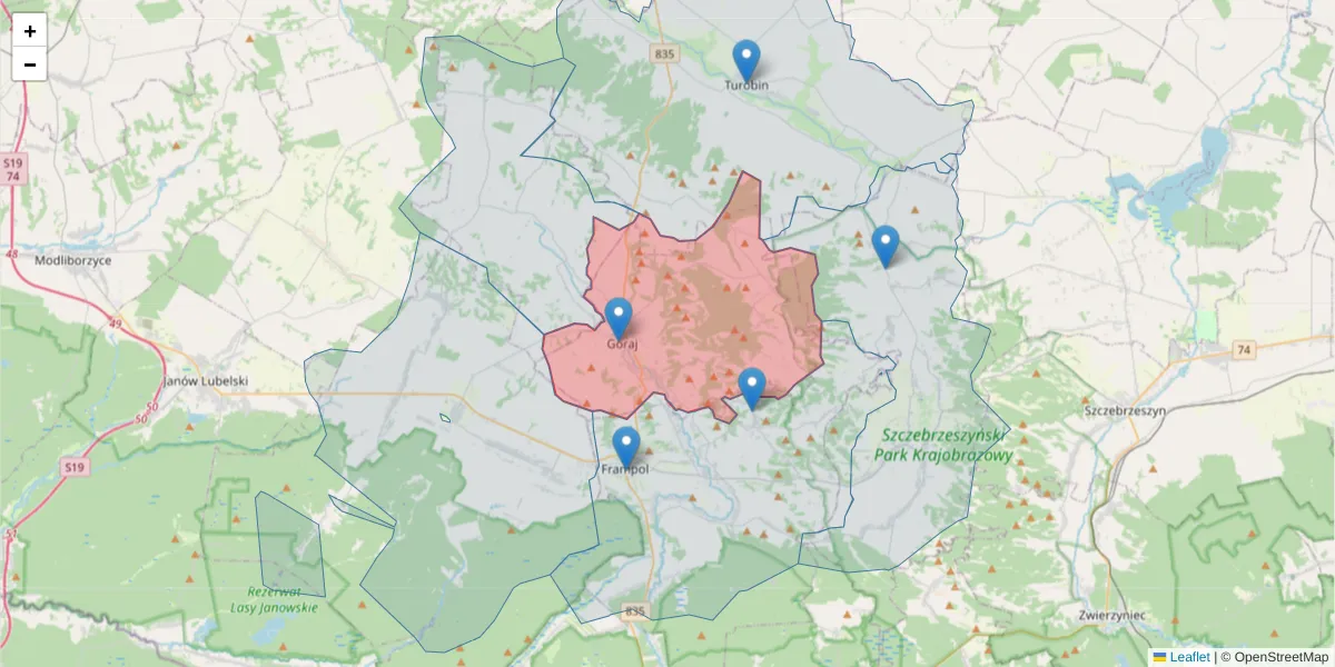 Szczegółowa mapa kodu pocztowego 23-450 z granicami, sąsiednimi kodami pocztowymi i urzędami pocztowymi