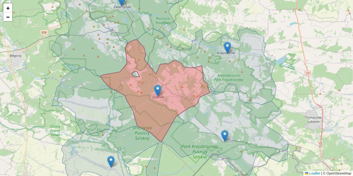 Szczegółowa mapa kodu pocztowego 23-460 z granicami, sąsiednimi kodami pocztowymi i urzędami pocztowymi