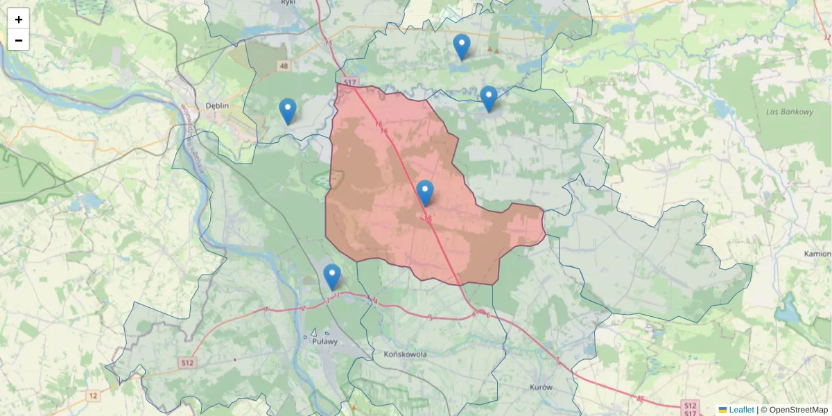 Szczegółowa mapa kodu pocztowego 24-103 z granicami, sąsiednimi kodami pocztowymi i urzędami pocztowymi