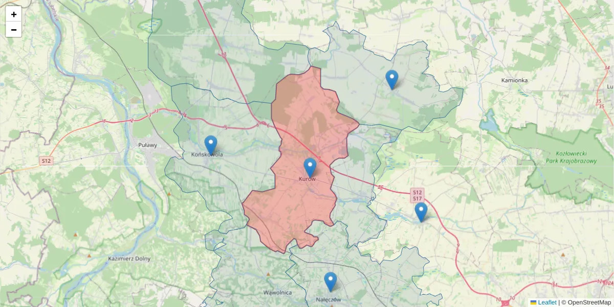 Szczegółowa mapa kodu pocztowego 24-170 z granicami, sąsiednimi kodami pocztowymi i urzędami pocztowymi