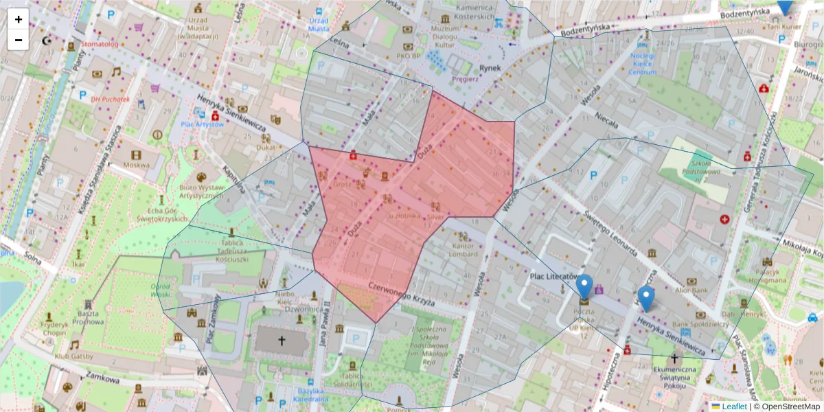 Szczegółowa mapa kodu pocztowego 25-304 z granicami, sąsiednimi kodami pocztowymi i urzędami pocztowymi