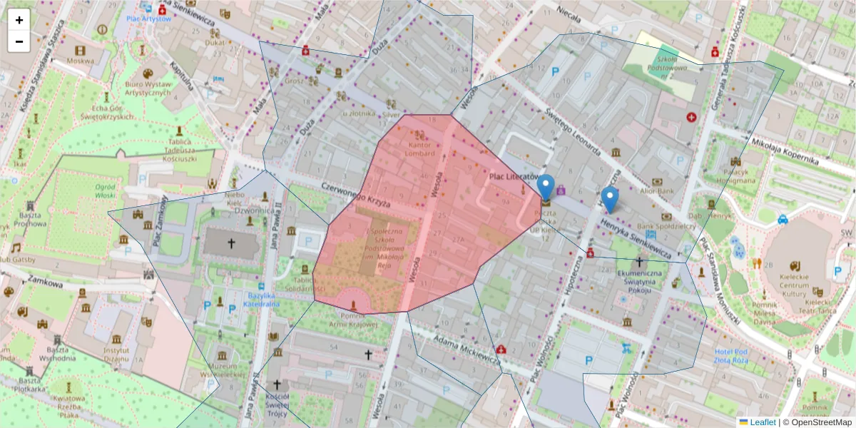 Szczegółowa mapa kodu pocztowego 25-353 z granicami, sąsiednimi kodami pocztowymi i urzędami pocztowymi
