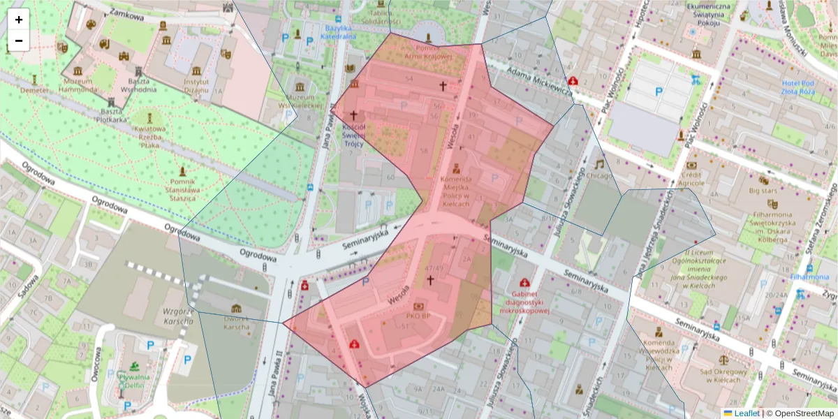 Szczegółowa mapa kodu pocztowego 25-363 z granicami, sąsiednimi kodami pocztowymi i urzędami pocztowymi