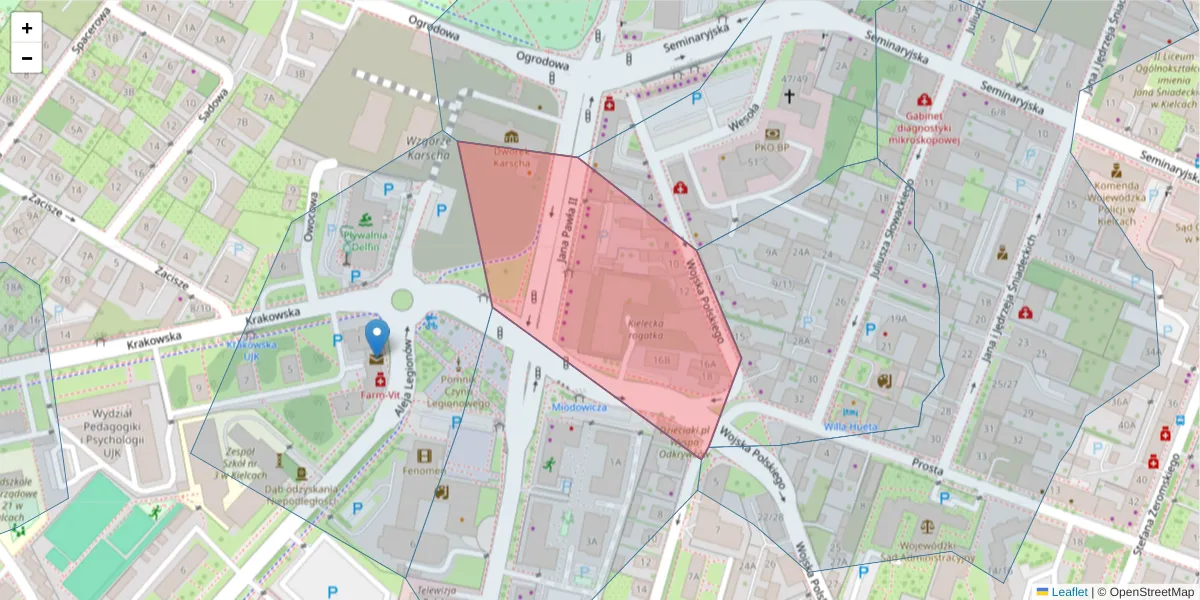 Szczegółowa mapa kodu pocztowego 25-364 z granicami, sąsiednimi kodami pocztowymi i urzędami pocztowymi