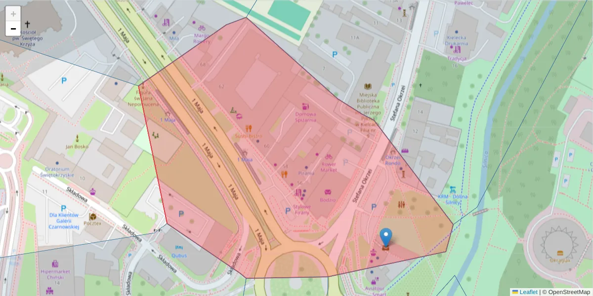 Szczegółowa mapa kodu pocztowego 25-511 z granicami, sąsiednimi kodami pocztowymi i urzędami pocztowymi