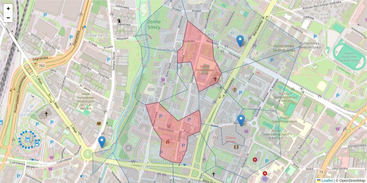 Szczegółowa mapa kodu pocztowego 25-520 z granicami, sąsiednimi kodami pocztowymi i urzędami pocztowymi