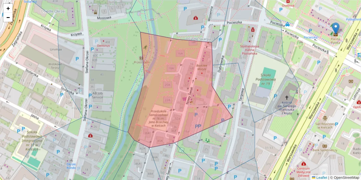 Szczegółowa mapa kodu pocztowego 25-522 z granicami, sąsiednimi kodami pocztowymi i urzędami pocztowymi