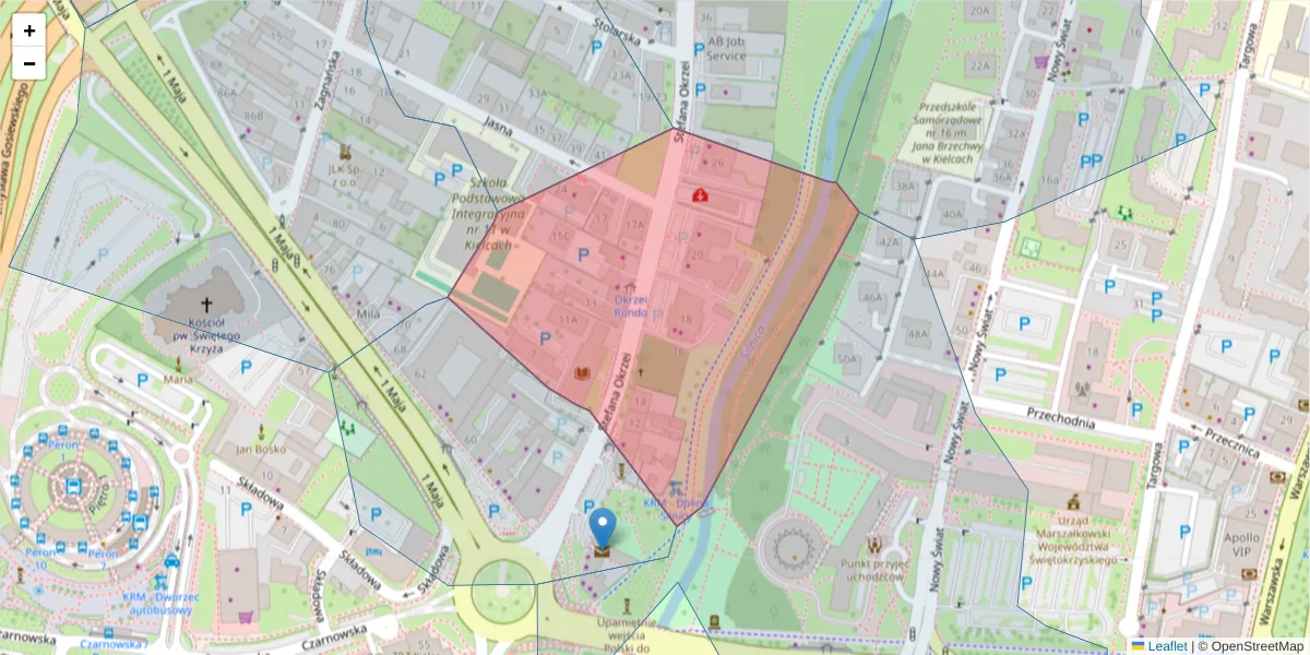 Szczegółowa mapa kodu pocztowego 25-525 z granicami, sąsiednimi kodami pocztowymi i urzędami pocztowymi