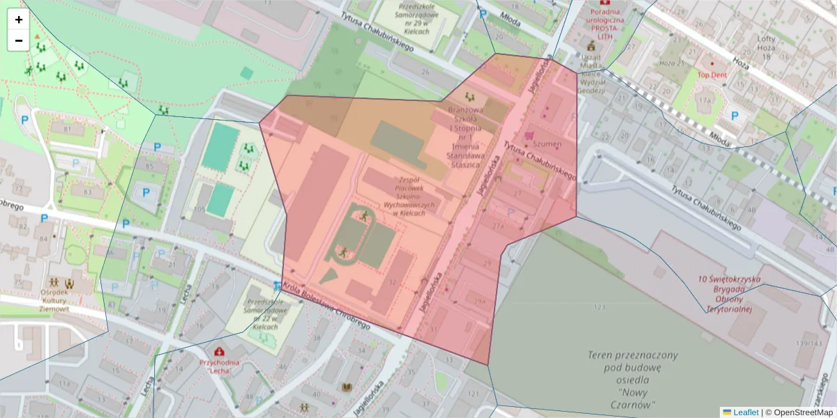 Szczegółowa mapa kodu pocztowego 25-608 z granicami, sąsiednimi kodami pocztowymi i urzędami pocztowymi
